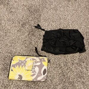 Thirty-One Yellow and Gray Floral wallet with Black zipper makeup pouch, NOS